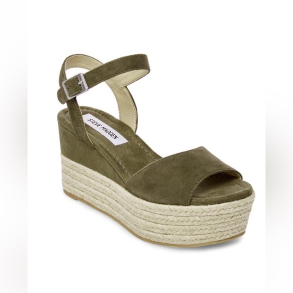 Steve Madden Kianna Espadrille Platform Olive Green Buckle Open Toe Size 7.5